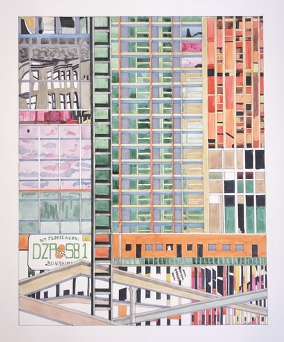 Collaged mixed media view of Miami Beach by Whitney Sanford