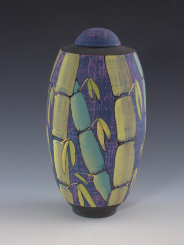 Lidded ceramic jar with bamboo design by Barbara Mann