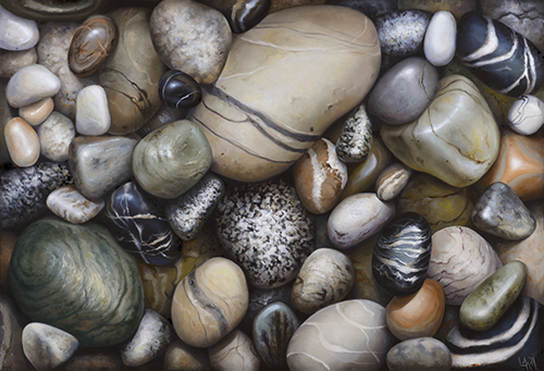 oil painting of black river rocks by Lara Restelli
