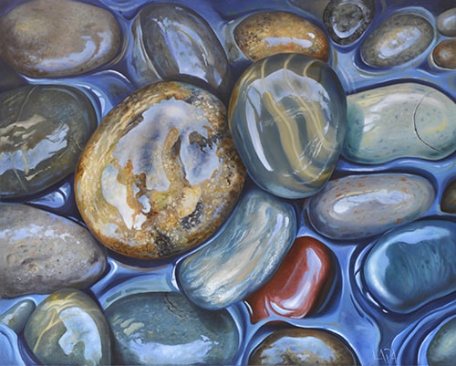 oil painting of blue river stones by Lara Restelli