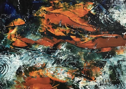 oil and cold wax abstract koi feeding time by Doris Vasek