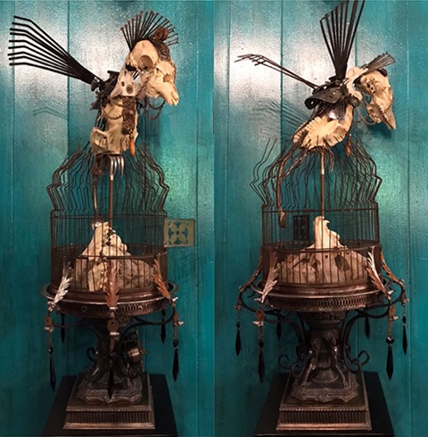 skull assemblage with a bird cage by Sue Moerder