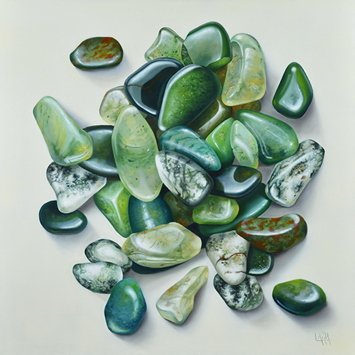 oil painting of polished green stones by Lara Restelli