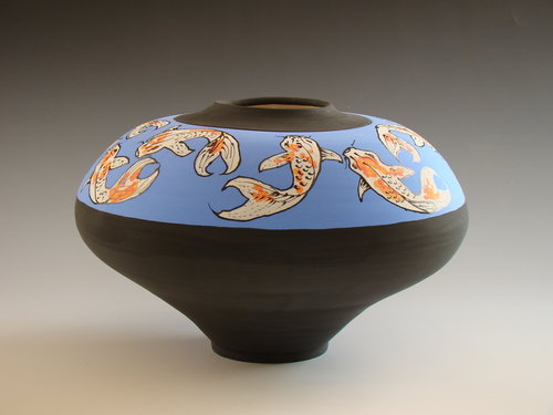 Ceramic vessel with koi design by Barbara Mann
