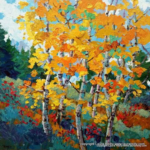 landscape painting of aspen trees by Laura Reilly