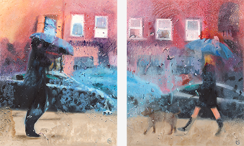 abstract diptych painting of a street scene by Monika Harmund Csanyi