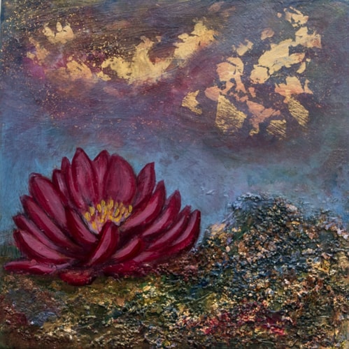 gold leaf painting of a pink lotus by Rajul Shah