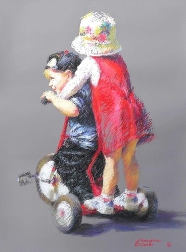 pastel of two children on a tricycle by Christine Clark