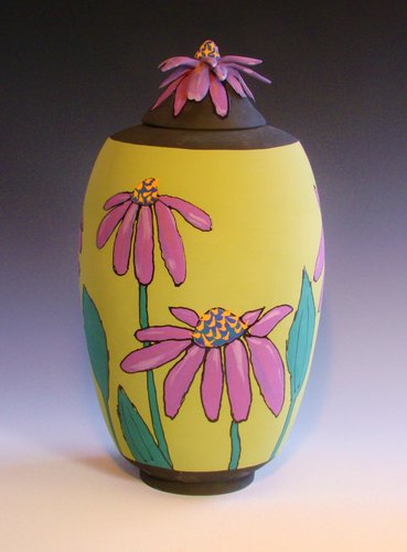 Ceramic jar with coneflower design by Barbara Mann