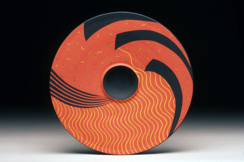 Ceramic charger with contemporary abstract design by Barbara Mann
