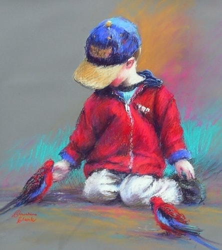 pastel of a little boy feeding birds by Christine Clark