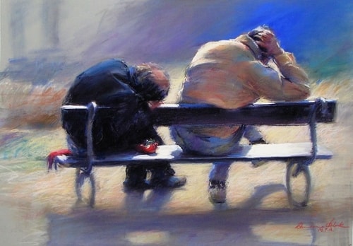 pastel of two men on a bench by Christine Clark