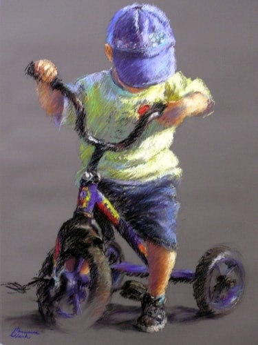 pastel of a little boy on a tricycle by Christine Clark