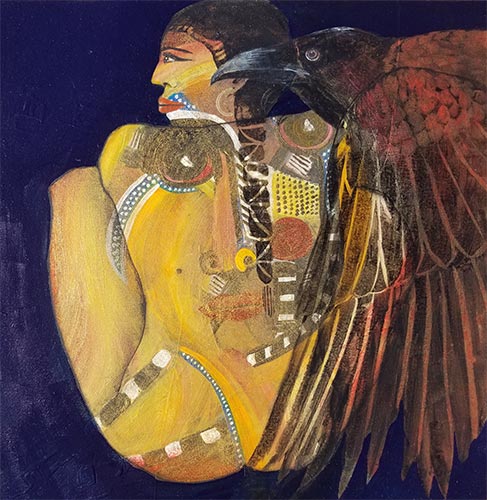abstract painting of a seated woman and a raven by Pegi Smith