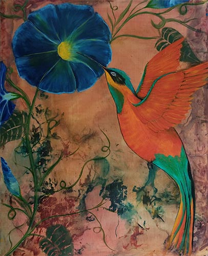 abstract painting of a hummingbird and a Morning Glory by Pegi Smith