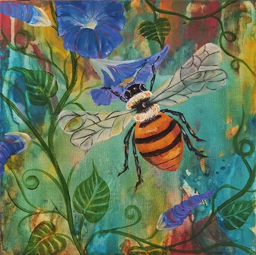 abstract painting of a bee and flowers by Pegi Smith