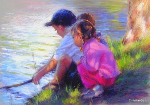 pastel of children playing by a pond by Christine Clark