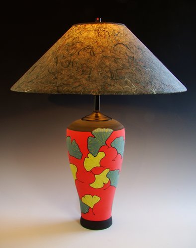 Ceramic lamp with gingko design by Barbara Mann
