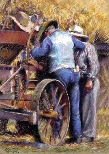 pastel of men on a wagon by Christine Clark