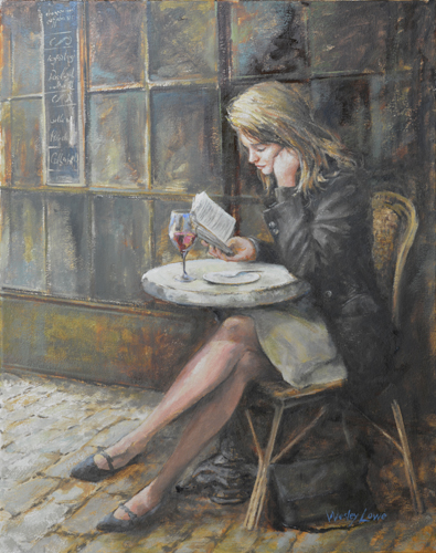 oil painting of a woman reading at an outdoor cafe by Wesley Lowe
