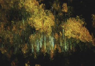 abstract digital image of yellow trees on a mountain by Jim Chaput