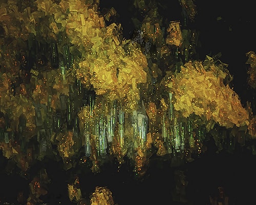 abstract digital image of yellow trees on a mountain by Jim Chaput