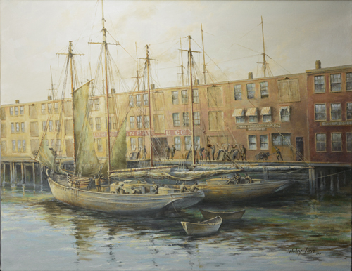 oil painting of Boston's T Wharf by Wesley Lowe