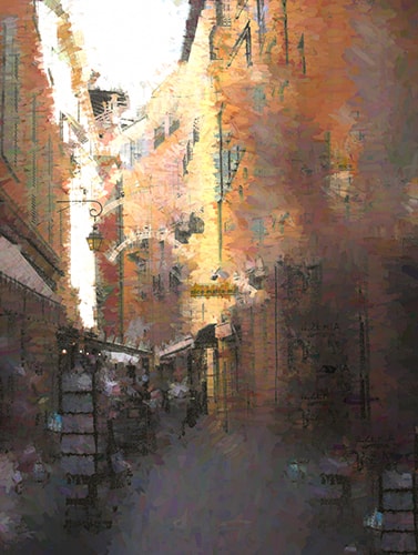 abstract digital image of a narrow city street by Jim Chaput