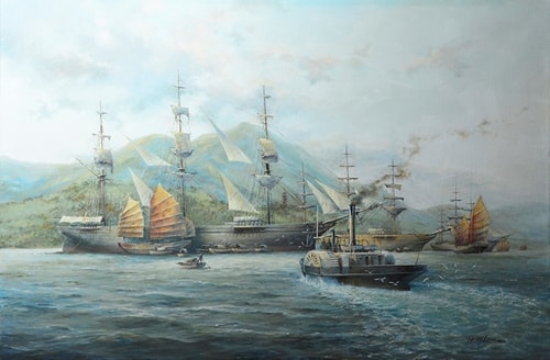 oil painting of ships loading tea at Foochow Harbour by Wesley Lowe