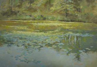 oil painting of a pond with water lilies by Wesley Lowe