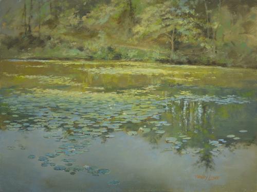 oil painting of a pond with water lilies by Wesley Lowe
