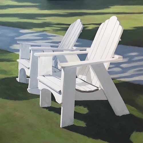 painting of a row of white Adirondack chairs by Suzanne Aulds