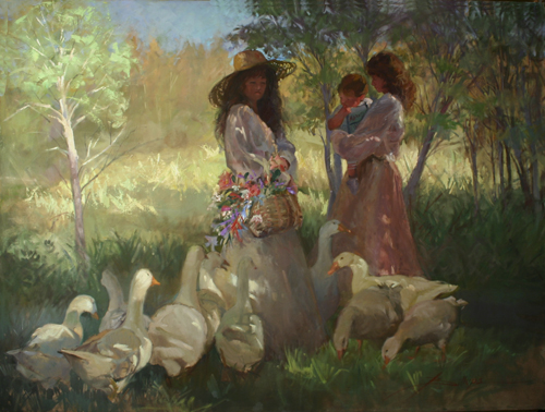 painting of two eighteen century women with a flock of geese by Betty Jean Billups