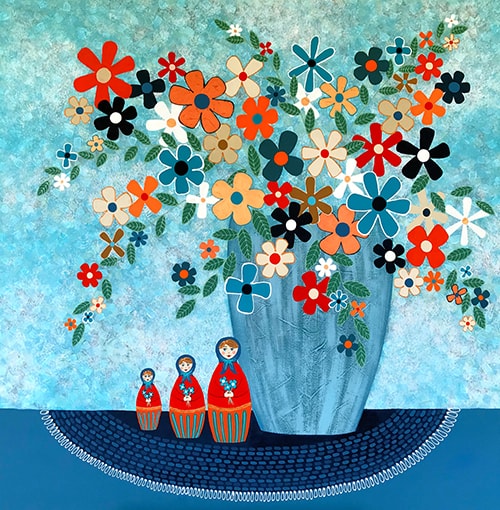 Abstract floral still life with nesting dolls by Lisa Frances Judd