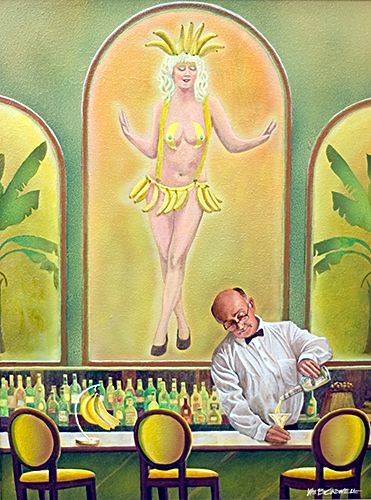 painting of a bartender with a large painting of a stripper behind him by William Crowell