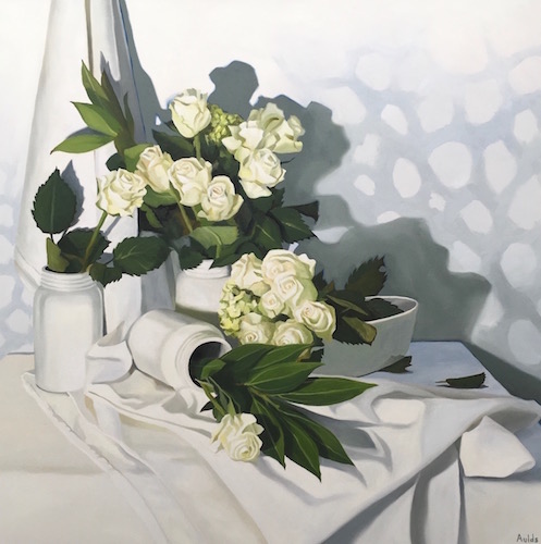still life painting of white roses on a white background by Suzanne Aulds