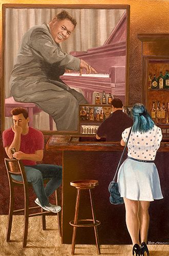 painting of people at a bar with a portrait of Fats Domino in background by William Crowell