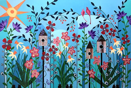 stylized florals with birdhouses by Lisa Frances Judd