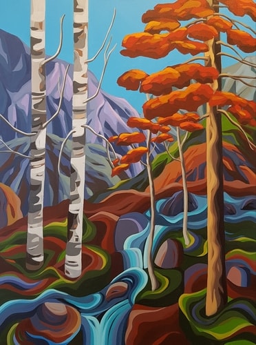 stylized landscape painting of the Cascadian forest by Jodie Blaney