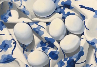 painting of eggs on blue and white fabric by Suzanne Aulds