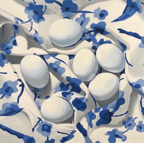 painting of eggs on blue and white fabric by Suzanne Aulds