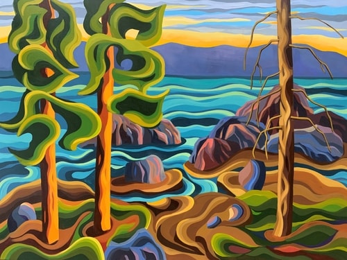 stylized landscape painting of the coast by Jodie Blaney