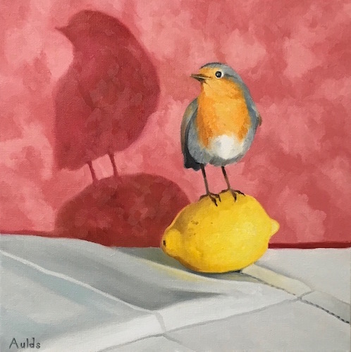 painting of a European Robin perched on a lemon by Suzanne Aulds