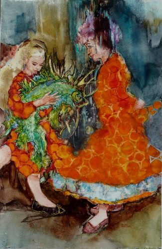 abstract watercolor of a woman and daughter with a fish by Magali Lenarczak