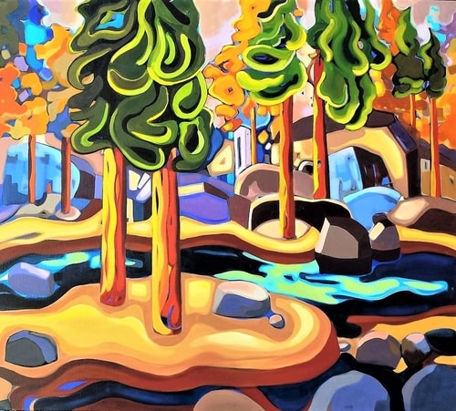 stylized landscape painting of a forest by Jodie Blaney