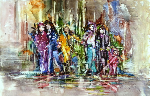 abstract watercolor of a group of people by Magali Lenarczak