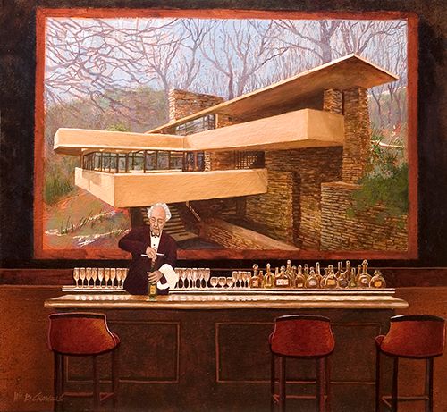 painting of a bartender in New Orleans with a painting of Falling Water behind him by William Crowell