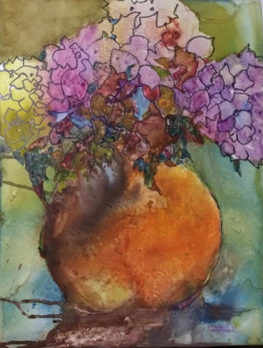 abstract watercolor of a vase of hydrangeas by Magali Lenarczak