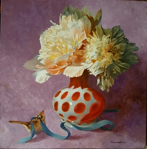 painting of peonies in a vase by Gayle Isabelle Ford