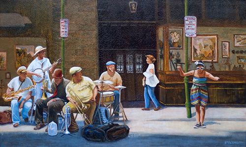 painting of a woman dancing to a New Orleans street band by William Crowell